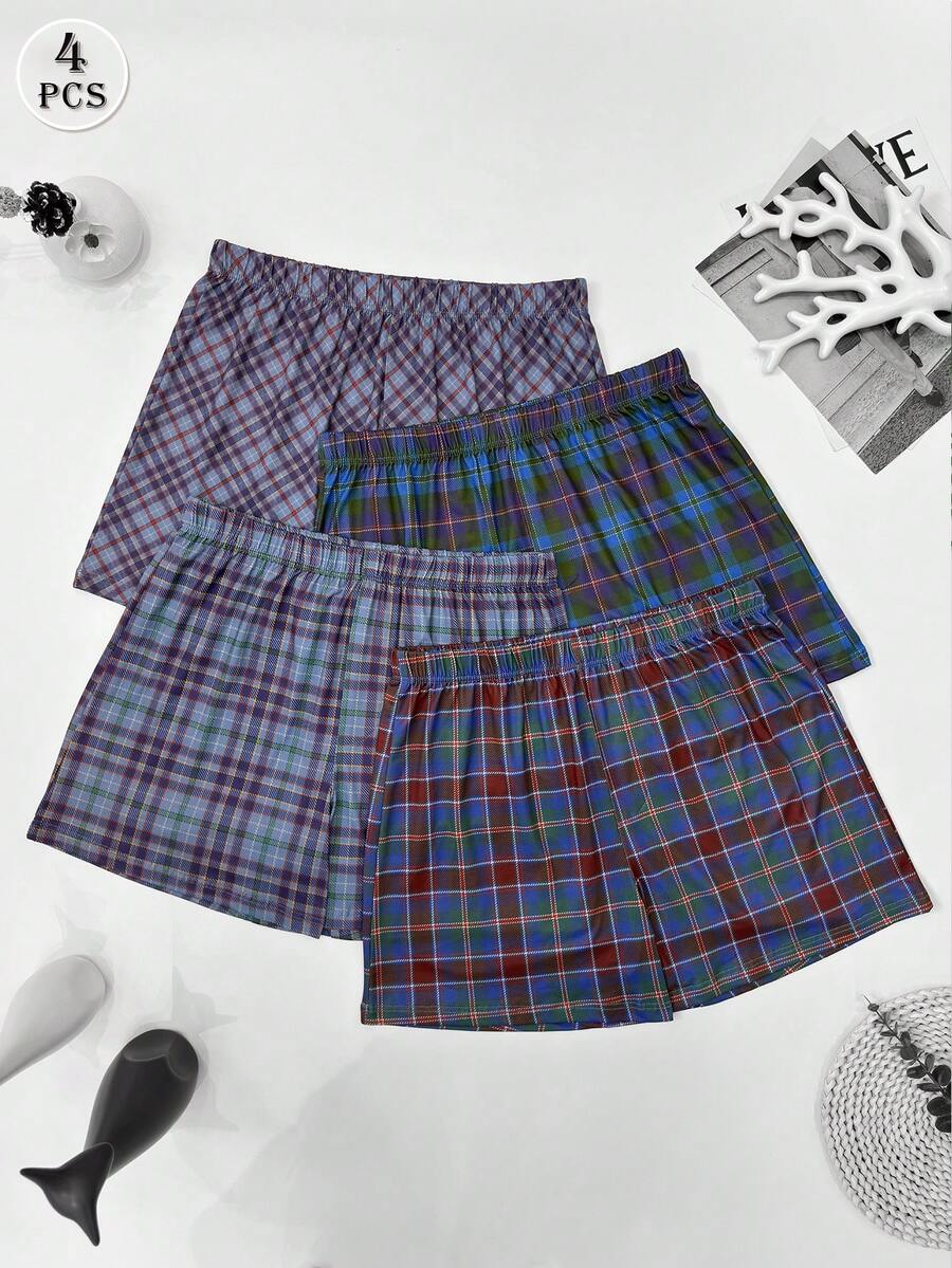 Bộ 4 quần pajama nam in họa tiết kẻ caro, kiểu dáng rộng rãi thoải mái. - Màu xanh lam - Xem 1