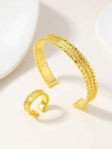 2件套复古18K镀金铜手镯和戒指套装，中东迪拜新娘首饰 - 金黃色 - 查看 15