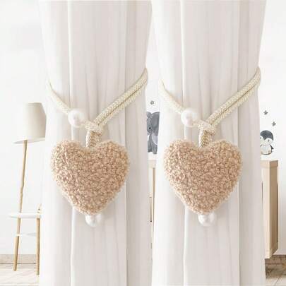 2pcs/1pc Elegant Curtain Tiebacks - Soft Pink & Beige Window Decor With Heart-Shaped Design, For Living Room, Bedroom, Cafe - Durable Polyester Window Treatments For Modern Home Decoration, Curtain Tiebacks For Living Room, Bedroom Accessories, Contemporary Style, Plush Texture, Decorative Ties, Interior Designers