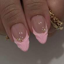 3D Pink Press On Nails Almond - Medium French Tip Fake Nails With Embossed FlowerandGold Bead Designs Glossy Finish Reusable False Nails With Glue Tabs - 24Pcs Nail Kit For Women Manicure - 芥末黃 - 查看 4