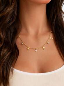 VJS 1pc Elegant Shiny Women's Necklace, 18K Gold Plated Stainless Steel Diamond Ball Cross Pendant, Hypoallergenic, European Style Jewelry - Yellow Gold - View 6