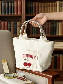 Cherry Print Canvas Tote Bag, Suitable For School, Office, Commute, Mommy Bag, Lunch Box Bag, Handbag