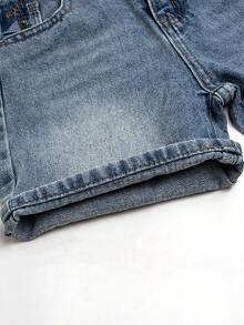 Vintage Washed Light Color Embroidered Adjustable Waist Distressed Denim Shorts For Young Boys - Light Wash - View 7