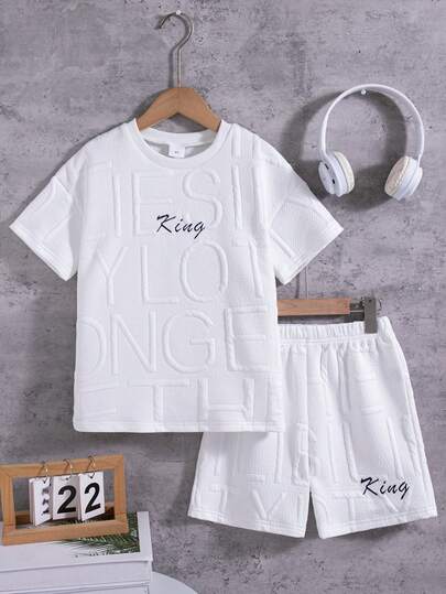 2pcs Boys Casual Outfits - Letter Embroidery Decor Drop Shoulder Short Sleeve Top And Elastic Waist Shorts, Spring/Summer