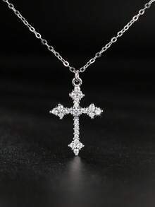1pc Luxurious Zirconia Cross Pendant Necklace, Elegant Metal Finish, Gift For Mother's Day, Valentine's Day, Date Night