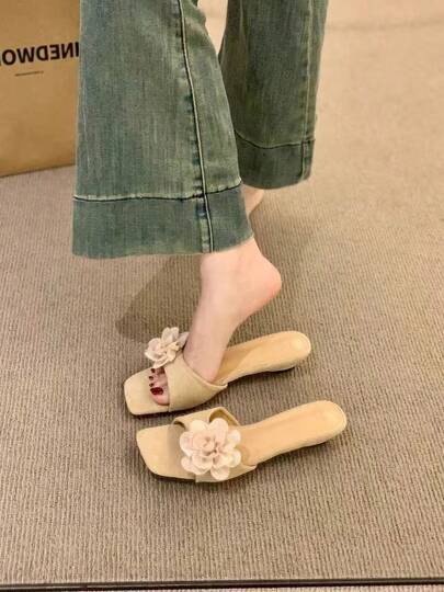 Sandalias cómodas de tacón bajo con estampado floral, versátiles para la playa y exteriores, con moño