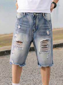 青少年男生休闲校园时尚直筒牛仔短裤，百搭街头服饰 - 淺色水洗藍 - 查看 9