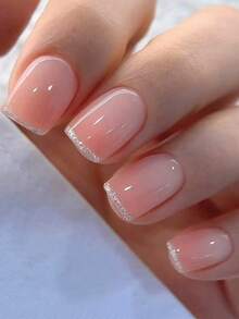 24片闪亮方形美甲贴片，法式渐变闪粉银色美甲，时尚海外美甲 - 粉色 - 查看 1