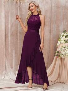 MIUSOL Floral Lace Patchwork Ruffle Neck Elegant Evening Maxi Dress Wedding Spring Party - Maroon - View 7