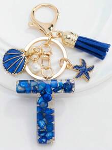 1PC Boho Nautical 26-Letter Resin Keychain - Blue & Golden Initial Pendant With Starfish/Shell/Tassel Charms, Fashionable Key Ring & Couple Bag/Backpack/Beach Bag Charm, Ideal Holiday Gift For Valentine's Day/Birthdays/Parties - Royal Blue - View 32