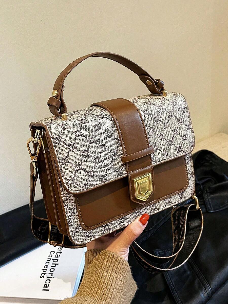 Retro Fashion Chic Niche One Shoulder Oblique Handbag, Wide Strap Floral Print Buckle High-Quality Women Small Square Bag - Grey - View 1