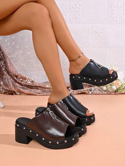 Giày sandal nữ phong cách Gothic đế dày, thiết kế hở mũi, gót chunky, trang trí đinh tán cổ điển, khóa kéo phía trước, phong cách punk, thích hợp cho tiệc tùng, hoạt động ngoài trời, thường ngày, đi biển mùa hè.