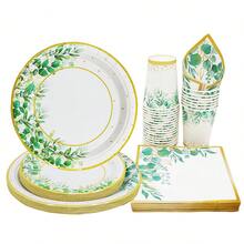 24件套纸盘、餐巾纸和餐具，鼠尾草绿植物图案，适用于婴儿派对、生日派对、蛋糕甜点盘，桉树设计一次性餐具套装，可供24位客人使用 - 彩色 - 查看 2
