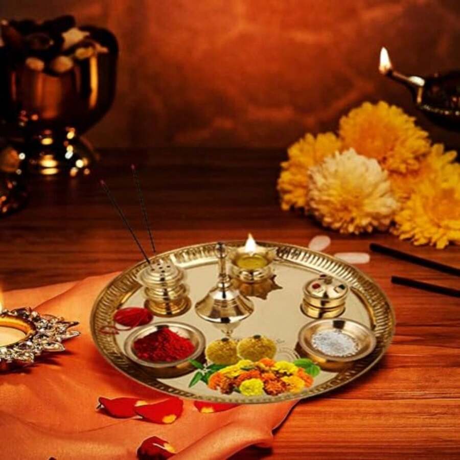 Hashcart Brass Puja Thali Set 8.75 Inch Pooja Thali Aarti Thali With Diya Agarbatti Holder And Other Accories Religious Spiritual For Home Mandir Temple Diwali Gift - Gold - View 1
