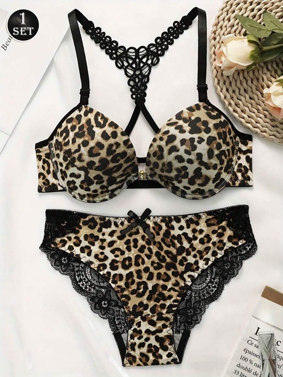 1套女士豹纹蕾丝无钢圈前扣文胸 - 彩色 - 查看 1