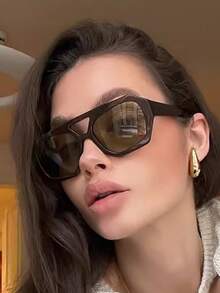 1 Par de Óculos de Moda Retrô com Armação Preta de PC em Formato de Polígono, Barra Dupla, Streetwear Personalizado, Óculos de Piloto de Moda para Homens e Mulheres com Armação Quadrada Grossa e Ponte Dupla, Formas Geométricas, Óculos de Moda Clássicos MC56969 - Preto - Visão 5