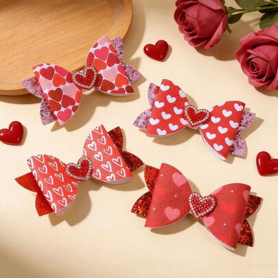 2pcs Heart Crystal Bowknot Hair Clips - Sparkling Heart Sequin Decorated Hair Barrettes, Suitable For Cute Valentine's Day, Girlfriend Outfits, Gift Hair Accessories