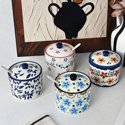 1 hũ đựng gia vị hoa văn cổ điển, bình rắc muối bằng gốm sứ dùng trong nhà bếp, hũ đựng gia vị có nắp và thìa, chai đựng dầu ớt, món quà tuyệt vời cho Lễ Tạ ơn, Ngày của Mẹ, các ngày lễ.