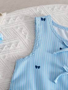 2pcs Setelan Musim Panas Anak Perempuan Atasan Rompi dan Celana Motif Pita Kotak-kotak Biru - Biru - View 4
