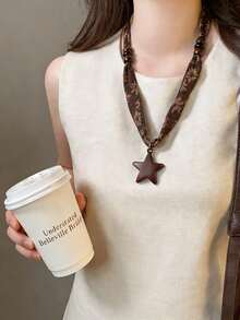 1件美拉德棕色星星吊坠图案真丝围巾项链，女士优雅毛衣链配饰，适合日常佩戴、派对等场合。