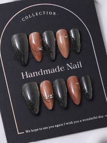 10片/套 欧美手工长杏仁形美甲贴纸，Y2K黑色风格，手工渐变细闪钻石美甲设计。包含1片果冻胶和1把指甲锉。完美适用于日常生活以及科切拉音乐节派对装扮，是美甲贴片和美甲护理产品的理想之选。美甲用品 手工美甲贴片 - 黑色 - 查看 3