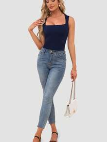 Women's Square Neck Going Out Crop Tops Double Lined Cute Basic Tank Tops 2026 Clothes, Cute Summer Solid Color Square Neck Basic Tops Slim Fit Basic Sleeveless Shirts - màu xanh nước biển - Xem 3