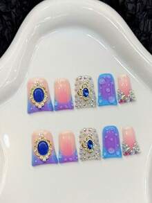 10Pcs Pink Blue Gradient Fake Nails With Rhinestone Design For Party Wedding Daily Wear Nail Supplies - Multicolor - View 1