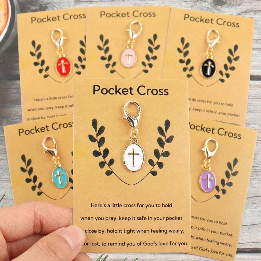 Set de 6 llaveros de cruz mini, con tarjeta de oración inspiradora, adecuado como regalo conmemorativo y de oración, llavero cristiano motivacional - Colgante de cruz de aleación con mosquetón, excelente para adjuntar a la billetera, mochila, regalos para madre, padre, graduación y maestro - Multicolor - Ver 1