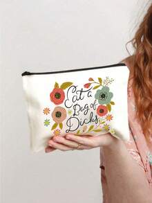 1个便携式化妆包，饰有花叶和趣味文字图案，大容量化妆包，化妆袋，简约拉链化妆收纳包，节日化妆品收纳包，派对用品整理包，文具用品包，多功能洗漱包，男女通用旅行化妆收纳包，节日化妆品及派对用品收纳包，大容量，适合女性收纳化妆品，旅行必备