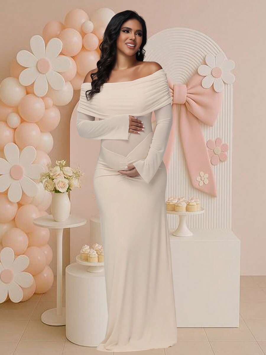 JustVH Maternity Colorblock Mesh Off-Shoulder Dress, Ruched Fishtail Hem, Suitable For Baby Shower, Elegant Stretchy Dress For Photoshoot