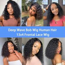 13*4 Lace Front Wig, Natural Black Water Wave Curly Short Human Hair Wig