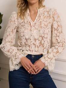 ii Áo cánh ren vá thanh lịch thường ngày dành cho nữ, Xuân/Thu - Màu be - Xem 3