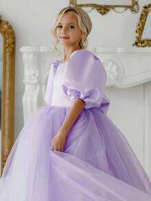 少女蝴蝶结露背深V泡泡袖网纱公主裙，适合圣诞节、生日派对、花童、婚礼、舞会、节日场合 - 淡紫色 - 查看 6