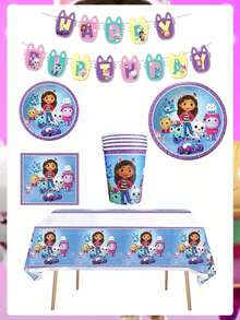 Gabby's Dollhouse Gabby's 一次性餐具，9/7 英寸纸盘，9 盎司纸杯，卡通可爱图案印花餐巾纸，适用于婚礼、生日、烧烤、野餐、家庭聚会、露营、节日派对、户外活动和日常使用。 - 彩色 - 查看 2