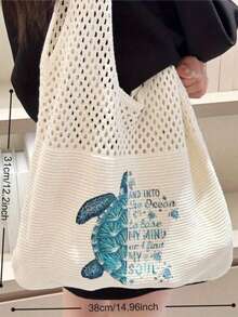 Women's Woven Tote Bag, Sea Turtle & Shell Print - Large Capacity Beach Travel Bag, Durable Polyester Open Design, Suitable For Summer, Beach Trips And Shopping - White With Blue Accents, Beach Handbag, Exquisite Woven Pattern, Summer Accessory, Sturdy Construction, Perfect For Vacation - Multicolor - View 5