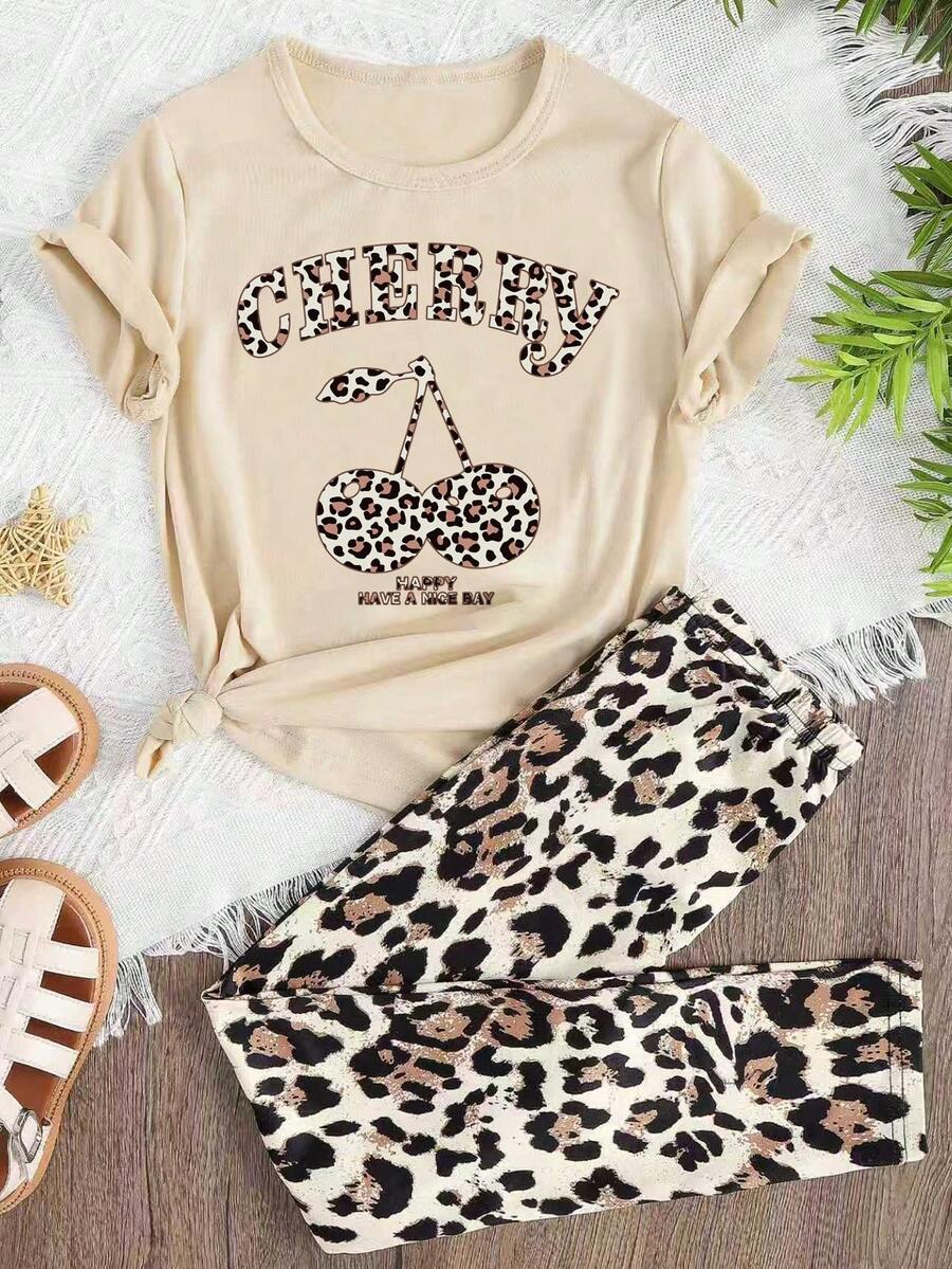 少女休闲度假时尚街头豹纹樱桃字母图案短袖T恤和裤子套装，春夏秋季 - 杏色 - 查看 1