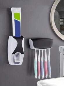 Set de 2 piezas Soporte automático de plástico para cepillos de dientes + Estante para cepillos de dientes, Soporte para cepillos de dientes de 5 ranuras montado en la pared sin agujeros, Adecuado para el baño del hogar - Multicolor - Ver 3