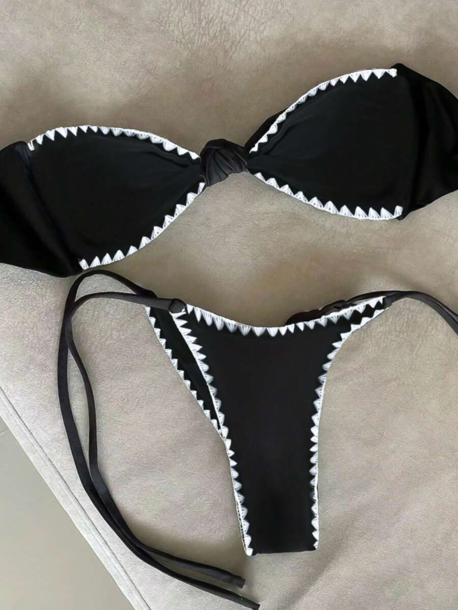 情人节夏季新品：时尚优雅黑白撞色缝线蕾丝边性感挂脖沙滩度假约会比基尼套装 - 黑色 - 查看 1
