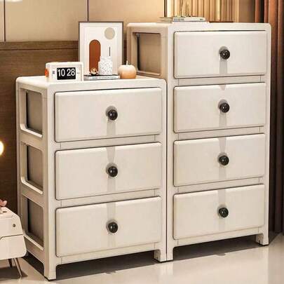 1pc Movable Cream-Colored Storage Cabinet, Home Storage Cabinet With Drawers For Living Room, Kitchen, Bedroom Nightstand
