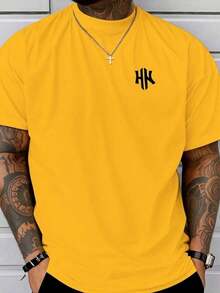 Men's T-Shirt With Minimalist 2H Print, Short-Sleeved Cotton T-Shirt With Round Neck, 2H Lettering. - 黃色 - 查看 2