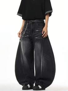 Justice Brother 1件装做旧直筒牛仔裤，饰有弯刀和猫须图案，休闲宽松版型 - 深灰色 - 查看 4