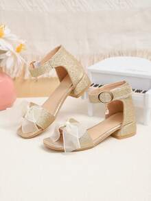 1 Pair Gold Plus Size Girls' Thick Sole Sandals, Shiny Leather Upper With Mesh, Bow Decor, Classic Strap Hoop And Loop Closure, Shiny Pendant Accent, Square Toe, Non-Slip Thick Bottom, Cute Beach Sandals Suitable For 3-15 Years Old Girls, Daily, Casual, Beach, Holiday, Party, Spring/Summer - Gold - View 6