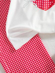 Set de 2 piezas de ropa casual de verano para niñas con top sin mangas con estampado de corazón y lazo, y pantalones con estampado de parches - Rojo - Ver 6