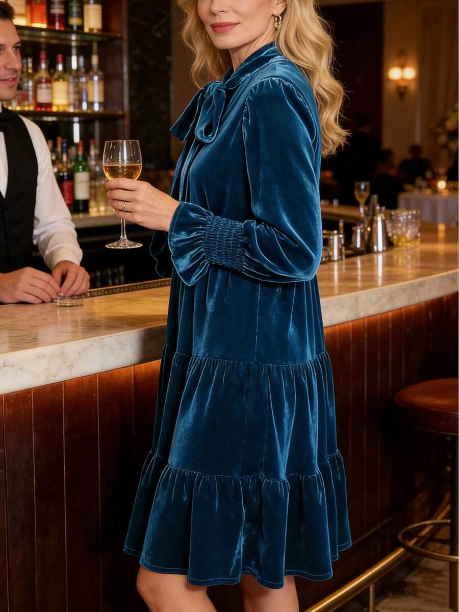 女士优雅蓝色宽松V领蝴蝶结长袖中长连衣裙，天鹅绒材质，适合派对或约会穿着