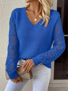 Woman Lace Sleeve Knit Sweater –  V-Neck Pullover For Daily & Office Wear - Blue - View 2