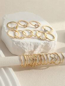 28pcs Smooth Geometric Heart Rhinestone Shaped Fashion Rings, Classic French Style Stackable Thin Band Gold Color Rings For Women - Gold - View 3