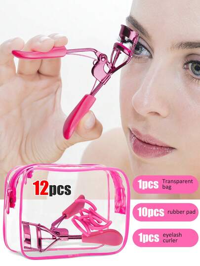 12pcs. Fashion Eyelash Curler And Eyebrow Beauty Set, Including 1 Rose Red Eyelash Curler, 1 Rose Red Transparent Small Bag, 10 Replacement Pads, Quick Curling In 10 Seconds, Excellent Curling Effect, Precise Beauty Tool, Curling Device, Long-Lasting Attraction To The Eyes