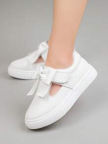 1 Pair Girls' Casual Sneakers, 2026 New Versatile Low-Top Canvas Shoes With Hollow Bowknot, PU Material, Suitable For Daily, School, Sports, Outdoor Wear - White - View 7