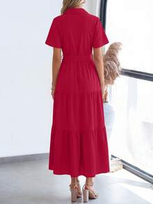 Women's Summer Dresses Short Sleeve Fluttering Multi Layers Beach Sundresses Buckle Wedding Shirt Dresses - Burgundy - View 2
