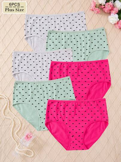 6pcs/Pack Plus Size Heart Pattern Cotton Elegant & Comfortable Women's Bikini Panties